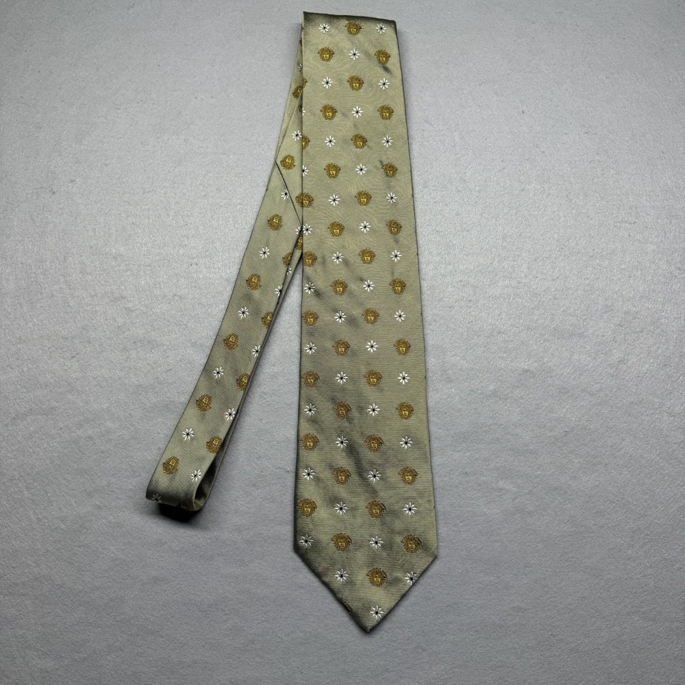 Gianni Versace Men's Woven 100% Silk Tie Light Green/Gold Geometric Logo Pattern